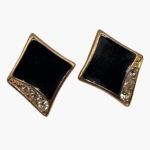 Black Gold Tone Square Stud Earrings Rhinestone Accents Pierced Post